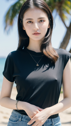 Woman with long dark hair wearing a black t-shirt and jeans on a beach