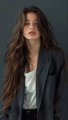 Woman with long brown hair wearing a dark blazer and white top