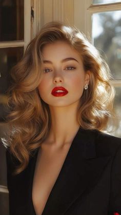 Woman with blonde wavy hair and red lipstick wearing a black blazer