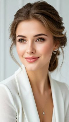 Woman with brown hair in an updo wearing a white blazer and earrings