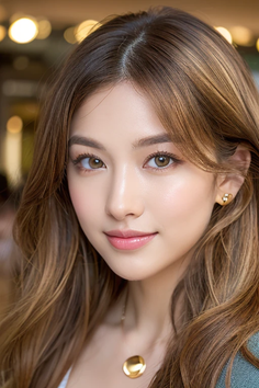 Woman with long brown hair and gold jewelry looking at the camera