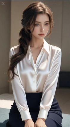 Woman with long hair in a white satin shirt and dark skirt