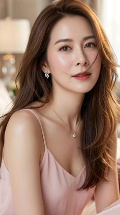 Woman with long brown hair wearing a pink camisole and jewelry