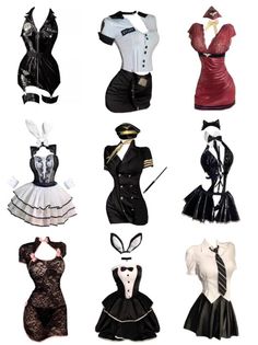 Collection of nine suggestive costumes and outfits on a white background
