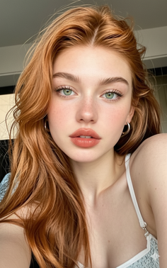 Close-up portrait of a woman with red hair and green eyes, wearing a white strap top
