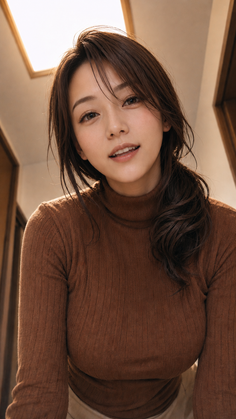 Woman with long brown hair wearing a brown turtleneck indoors