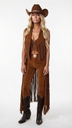 Woman in a brown fringe vest, cowboy hat, and cowboy boots