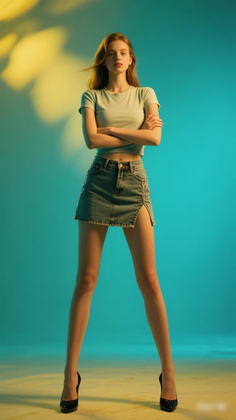 Woman in a denim skirt and crop top with arms crossed in a studio