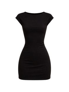 Black form-fitting short dress with cap sleeves and a boat neck