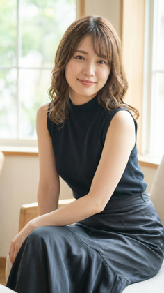 Woman with long hair wearing a sleeveless top and midi skirt, sitting indoors