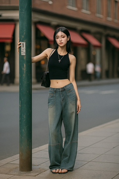 Woman in a black crop top and baggy jeans on a street