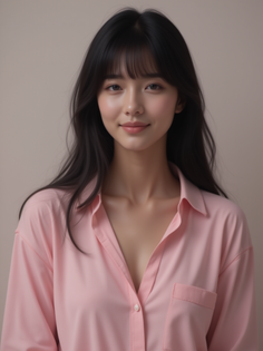 Woman with long black hair wearing a pink collared shirt