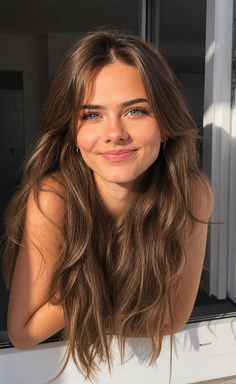Woman with long brown hair and blue eyes leaning on a window sill