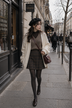 Woman in a beret and plaid skirt walking on a city street