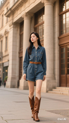 Woman in a denim jumpsuit and brown boots walking on a street