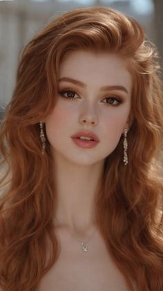 Woman with long wavy red hair and delicate jewelry looking directly at the viewer