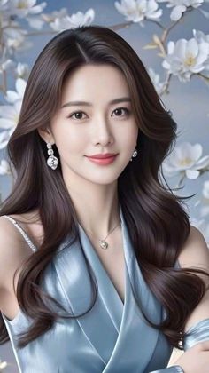 Woman with long brown hair wearing a blue dress and jewelry against a floral background