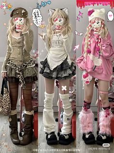 Three different outfits featuring blonde hair, mini skirts, and platform shoes