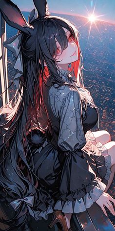 Anime girl with long black hair and bunny ears looking at a sunset over a cityscape