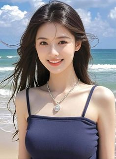 Smiling woman with long hair on a beach with the ocean in the background