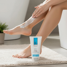 Person applying foot cream to their leg in a bathroom