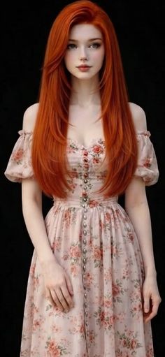 Woman with long red hair wearing a floral off-shoulder dress against a dark background
