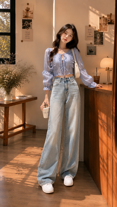 Woman in a blue crop top and wide leg jeans standing indoors with soft lighting