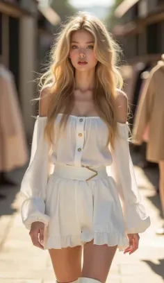 Woman with long blonde hair wearing a white off-shoulder top and shorts outdoors