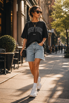 Woman in denim shorts and an oversized t-shirt walking on a sunlit street