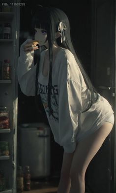 Anime girl in an oversized shirt eating a sandwich from the fridge