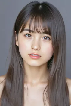 Realistic portrait of a young woman with long brown hair and bangs