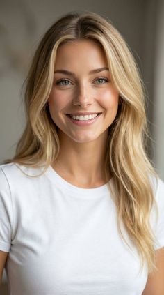 Blonde woman with long hair and green eyes smiling in a white t-shirt