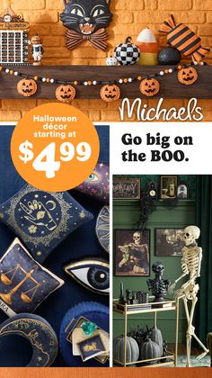 Various Halloween decorations including a black cat, pumpkins, and a skeleton