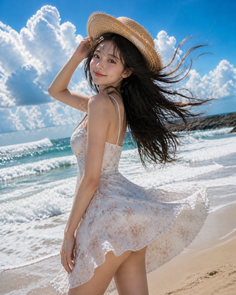 Woman in a summer dress and straw hat on a beach with waves