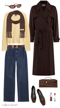 Fashion flat lay featuring a brown trench coat, yellow sweater, and blue jeans