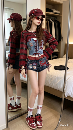 Woman in a red cap and denim shorts posing in a bedroom