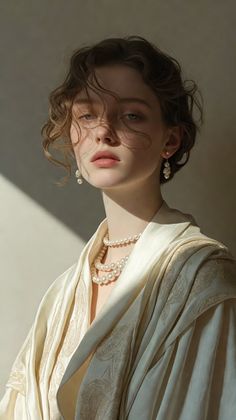 Woman with curly hair and pearl jewelry in soft, warm lighting