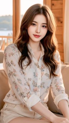 Woman with long brown hair wearing a floral shirt indoors with soft lighting