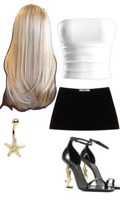 Flat lay of a blonde hair, white tube top, black mini skirt, high heels, and belly button ring