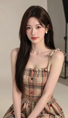 Woman with long dark hair wearing a plaid dress and flower earrings in a studio