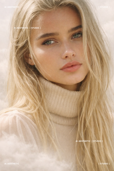 Blonde woman with green eyes wearing a beige turtleneck, soft lighting