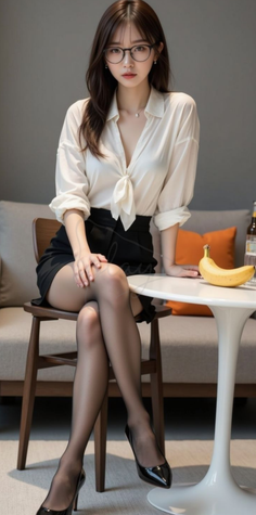 Woman in a white shirt and black skirt sitting at a table with a banana