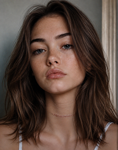 Woman with freckles and long brown hair looking directly at the camera