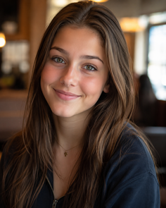 Young woman with long brown hair and green eyes smiling indoors