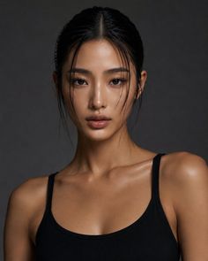 Woman with wet black hair in a black tank top against a dark background