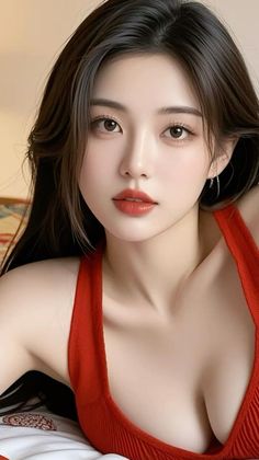 Woman with long dark hair wearing a red top with visible cleavage