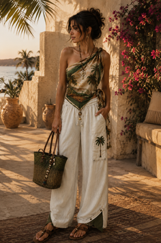 Woman in a palm tree print top and wide leg pants holding a straw bag outdoors