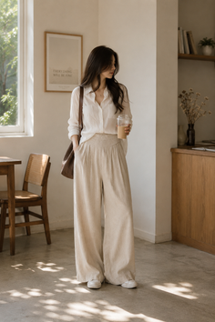 Woman in a white shirt and wide leg pants holding a drink indoors