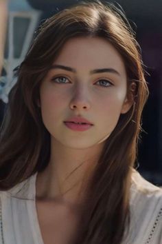 Young woman with long brown hair and blue eyes in soft lighting