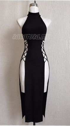 Black halter neck dress with lacing cut-outs on a mannequin